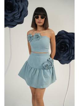 Weaving Cult - Blue Denim Bloom Strapless Top With Bloom Gathered Mini Skirt