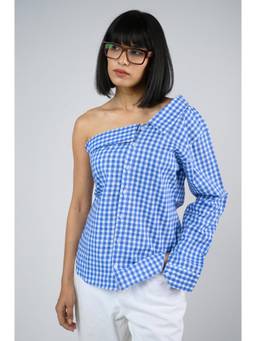 Weaving Cult - Blue One Shoulder Gingham Shirt
