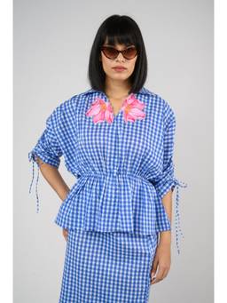 Weaving Cult - Blue Flora Check Peplum Top