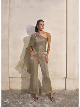 Weaving Cult - Beige Women's One-Shoulder The Metallic Drape Co-Ord Set