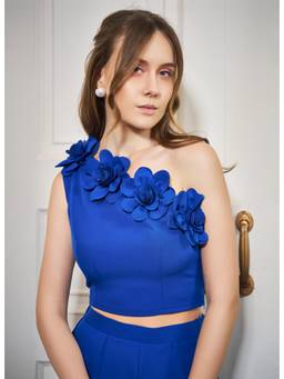 Weaving Cult - Blue Royal Rose One Shoulder Crop Top
