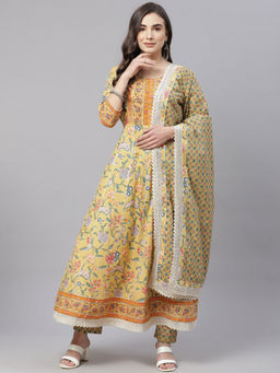 Divena - Yellow Floral Anarkali Pant Set With Dupatta