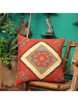 SAY - Red Ethnic Organic Cotton Cushion Cover (18x18 inches)