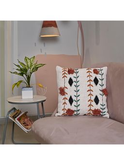 SAY - White Floral Cotton Cushion Cover (18x18 inches)