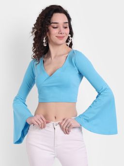 COLOR CAPITAL - Women Cotton Blue Solid Splice Crop Top