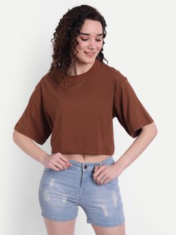 COLOR CAPITAL - Women Cotton Brown Solid Cropped T-Shirt