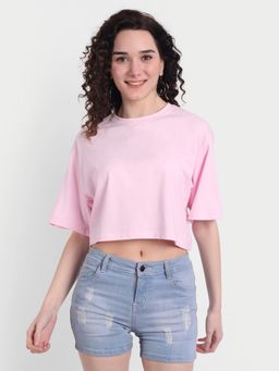COLOR CAPITAL - Women Cotton Pink Solid Cropped T-Shirt