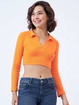 COLOR CAPITAL - Women Cotton Orange Solid Collared Crop Top