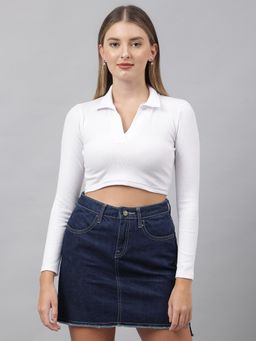 COLOR CAPITAL - Women Cotton White Solid Collared Crop Top