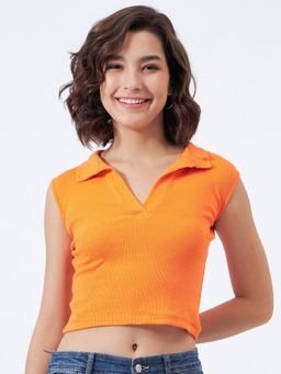 COLOR CAPITAL - Women Cotton Orange Solid Collared Crop Top