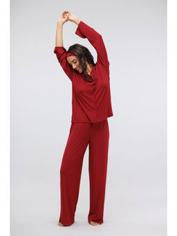 NeceSera - Rhubarb Flared Modal Pajama With Long Lounge Top - Red (Set of 2)