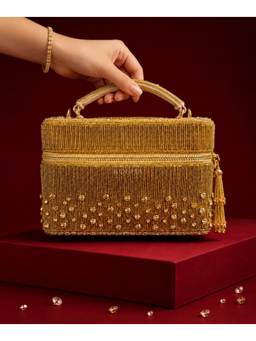 House Of Kosha - Cally Gold Suede Embroidered Vanity Bag