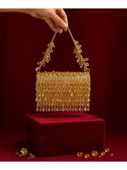 House Of Kosha - Myra Gold Georgette Crystal Embellished Mini Bag