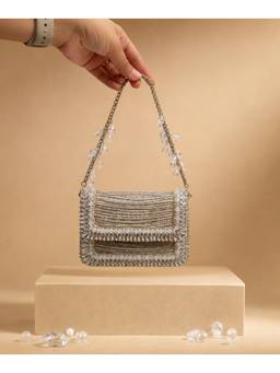 House Of Kosha - Elif Silver Georgette Embellished Mini Bag