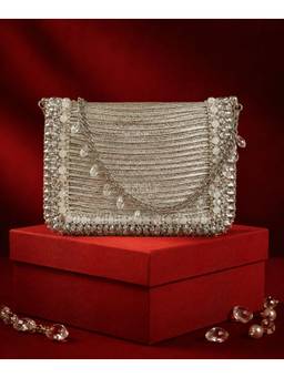 House Of Kosha - Elif Silver Georgette Embellished Clutch