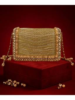 House Of Kosha - Elif Gold Georgette Embellished Clutch