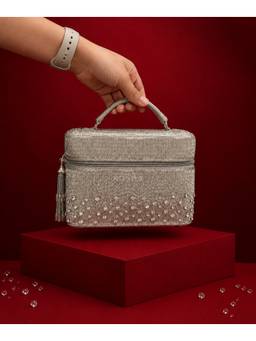 House Of Kosha - Cally Silver Suede Embroidered Vanity Bag