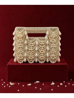 House Of Kosha - Farah White Georgette Pearl Embellished Clutch