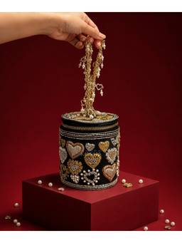 House Of Kosha - Malika Black Leather Embroidered Cylinder Mini Bag