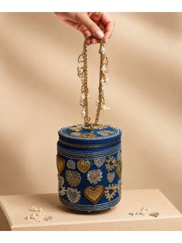 House Of Kosha - Alizeh Blue Denim Embroidered Cylinder Mini Bag