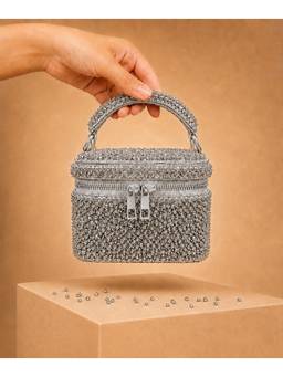 House Of Kosha - Ziya Silver Suede Embroidered Vanity Bag