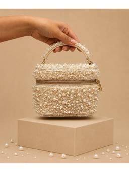 House Of Kosha - Aria Ivory Suede Pearl Embellished Vanity Bag