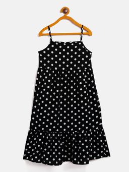 Uptownie - Girls Polka Printed A-Line Thin Strap Sleeveless Dress Black