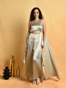 Attic Salt - Grey Solid Cut-out Jumpsuit With Palla