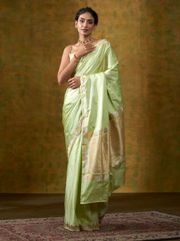 WeaverStory - Light Green Handloom Plain Satin Banarasi Saree with Zari Border