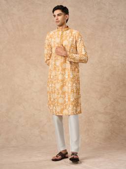 Manyavar - Men Yellow Printed Cotton Blend Kurta with Pyjama