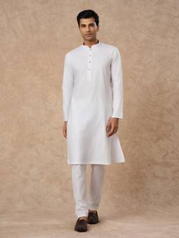 Manyavar - Men White Textured Cotton Kurta with Pyjama