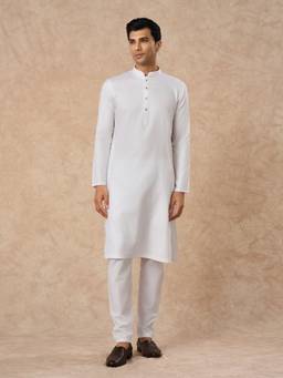 Manyavar - Men White Textured Cotton Kurta with Pyjama