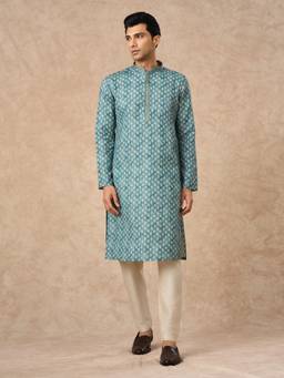 Manyavar - Men Green Printed Cotton Blend Kurta with Pyjama