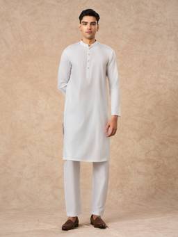 Manyavar - Men White Textured Cotton Kurta with Pyjama