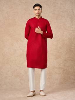 Manyavar - Men Red Printed Cotton Kurta with Pyjama