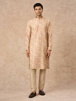 Manyavar - Men Yellow Embroidered Cotton Blend Kurta with Pyjama