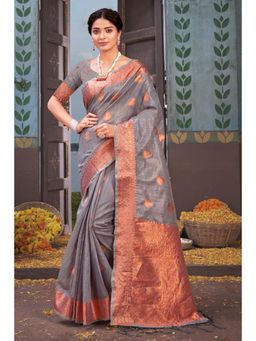 Sangam Prints - Grey Organza Woven Zari Work Traditional Tassel Saree with Unstitched Blouse