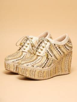 ERIDANI - Anayra Gold Embellished Lace-Up Platform Sneakers for Women
