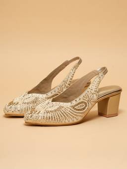 ERIDANI - Nayara Gold Embellished Closed Toe Block Heels for Women