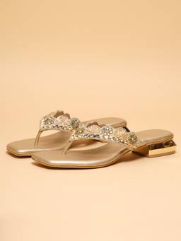 ERIDANI - Nisa Gold Embellished Toe Loop Flats for Women