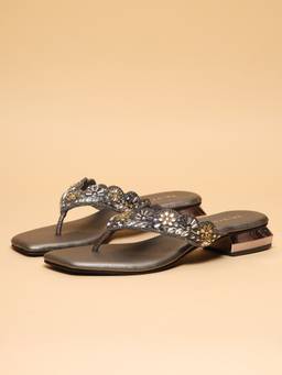 ERIDANI - Nisa Gunmetal Embellished Toe Loop Flats for Women