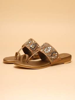 ERIDANI - Sareena Antique Embellished Toe Loop Wedges For Women