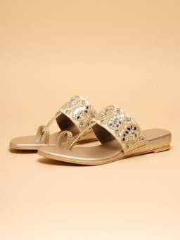 ERIDANI - Sareena Gold Embellished Toe Loop Wedges For Women