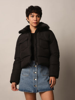 3489 Black Faux Fur Collar Puffer Coat