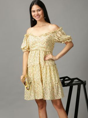 Buy SHOWOFF Womens Fit And Flare Yellow Floral Dress Online