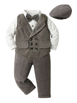 Hopscotch - Boys Grey and White Solid Onesie, Waistcoat Pant Formal Set with Hat