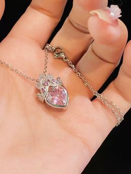 Jewels Galaxy - Gold Plated Anti Tarnish Stainless Steel Heart Themed Pink Crown Necklace