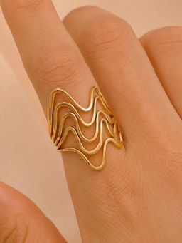 Jewels Galaxy - Gold Plated Anti Tarnish Stainless Steel Wave Style Contemporary Ring