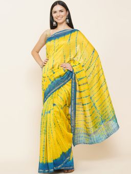 Fabnest - Yellow and Blue Shibori Chanderi Saree with Unstitched Blouse