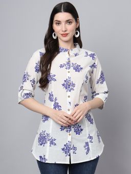 Divena - White Cotton Floral Print Shirt Style Top